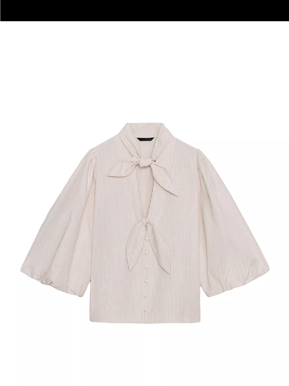 Zara Beige Pinstripe Bow Tie Puff Sleeve Blouse